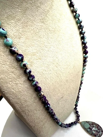 New Purple Teal Colored Stone & Glass Beaded Pendant Necklace - Picture 8 of 15